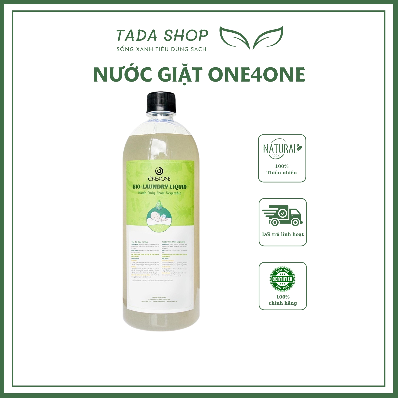 Nước giặt sinh học One4one chai 1l , Nước giặt lên men từ rau củ quả, làm sạch an toàn, tadashop