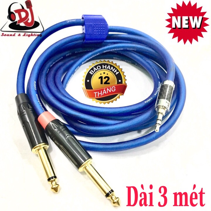 Dây tín hiệu phát nhạc jack 3.5mm ra 2 jack 6.3mm dây dài 3 mét, dây có 3 màu, xanh, đỏ, đen