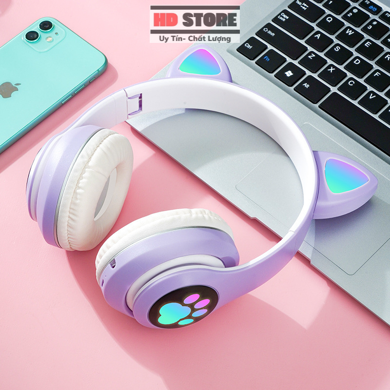 Tai Nghe Chụp tai Mèo Bluetooth. Headphone Dễ Thương Có Mic,Âm Bass Mạnh Mẽ