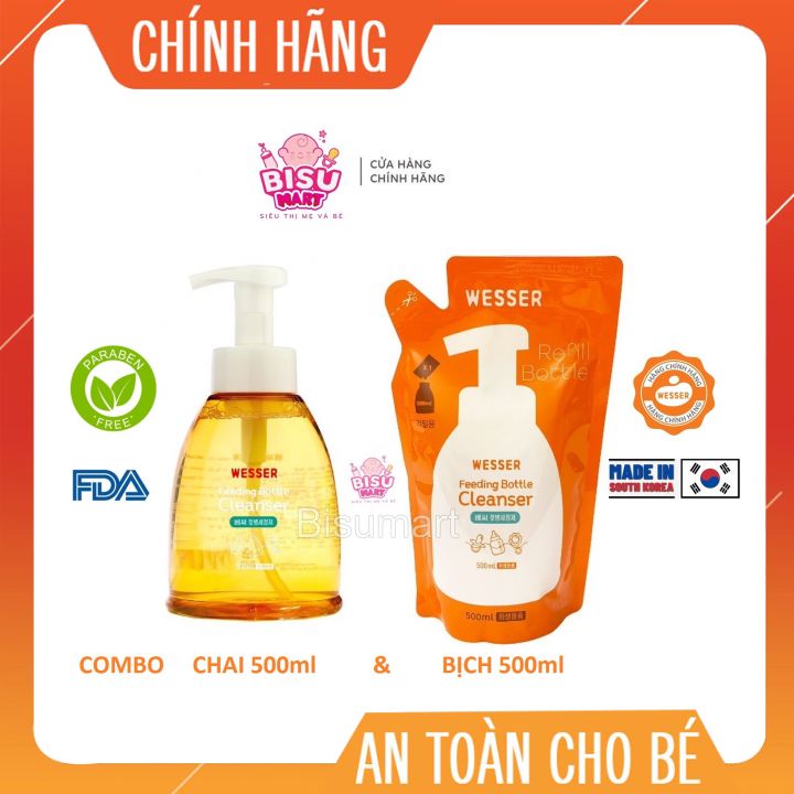 Combo Nước rữa bình sữa, núm vú Wesser chai và bịch 500ML