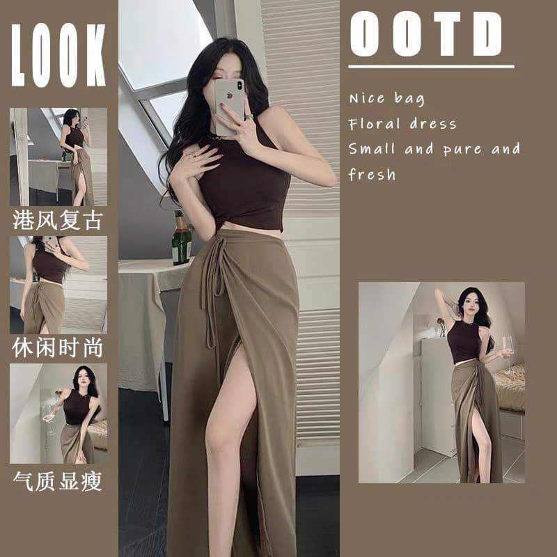 Set ba lỗ tăm gân crt kèm chân váy chữ a xẻ vạt hot trend 2023
