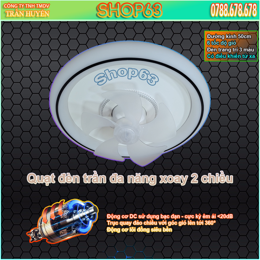Quạt trần đèn xoay 50cm - 6 tốc độ gió siêu mát (xoay 2 chiều - đèn nhiều chế độ sáng tùy chỉnh ánh sáng mạnh yếu - điều khiển từ xa)