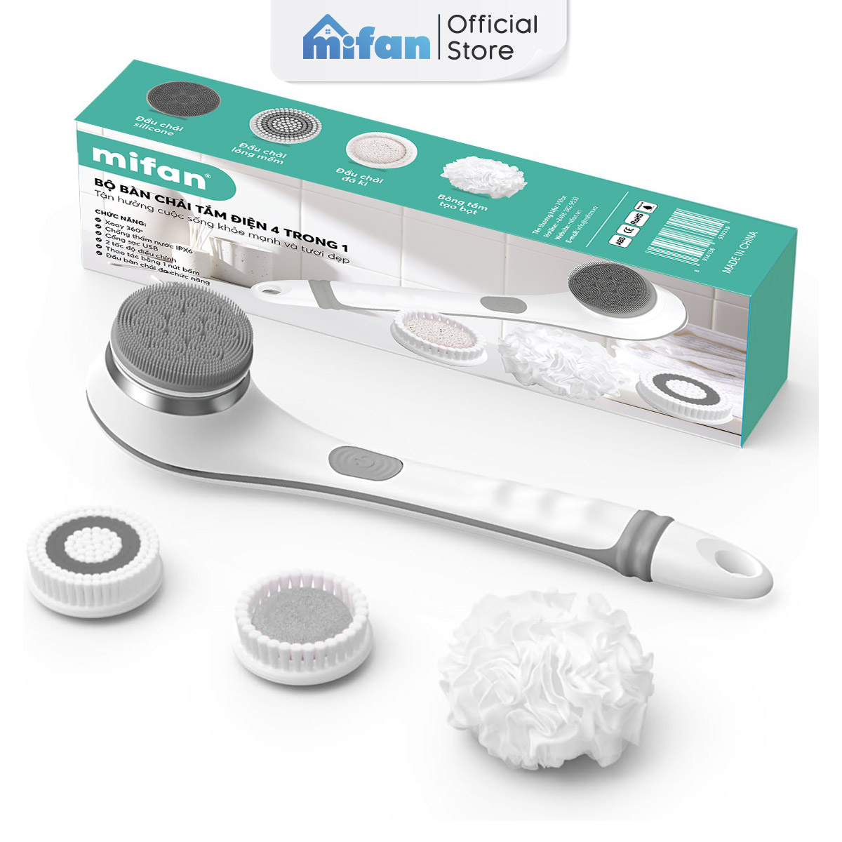 Bàn Chải Tắm Điện Tự Động Mifan - Cây tắm chà lưng, massage toàn thân - Tặng kèm 4 đầu chải