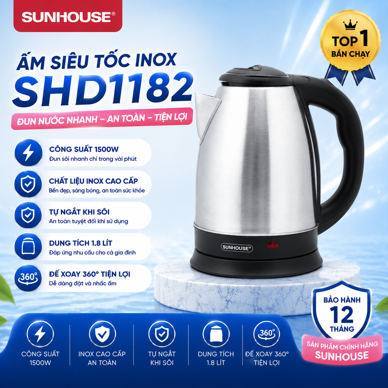 Ấm Siêu Tốc Sunhouse SHD1182 1.8L Inox Cao Cấp, Đun Nước Nhanh Chính Hãng