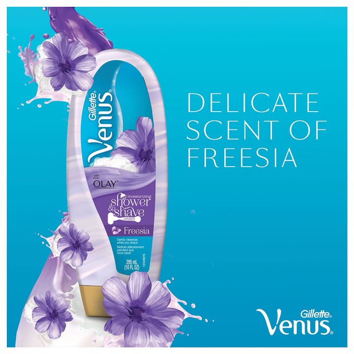 Kem dưỡng ẩm dùng khi cạo lông Gillette Venus with Olay Shower &amp; Moisturizing Shave Cream Vanilla Crème / Freesia  295ml (Mỹ)