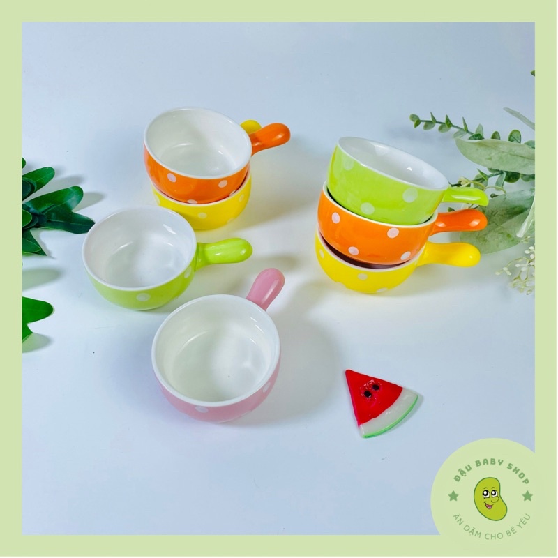 Bát ăn dặm, chén ăn dặm gốm sứ hình Gáo chấm bi cho bé tập ăn dặm 70ml
