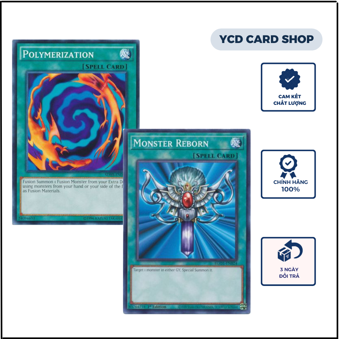 Thẻ bài Yugioh chính hãng combo 2 lá Polymerization và Monster Reborn - Common