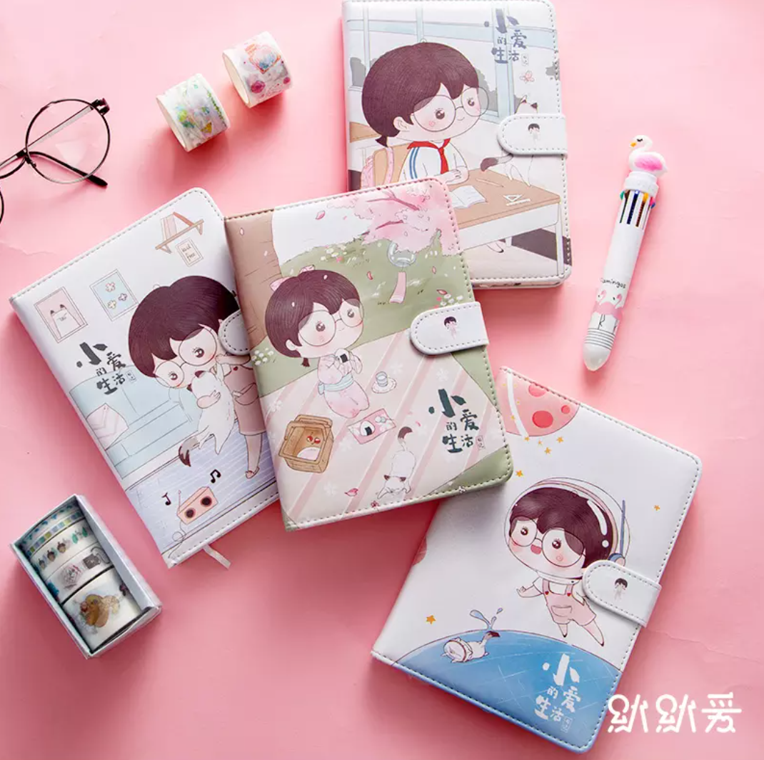 Sổ Tay Họa Tiết Cô Bé Kính Cận Xinh Xắn Có Khóa Nam Châm, Sổ Ghi Chú Khổ A5/B5 Dễ Thương, Sổ Ghi Chép, Sổ Kế Hoạch, Bìa Da Pu