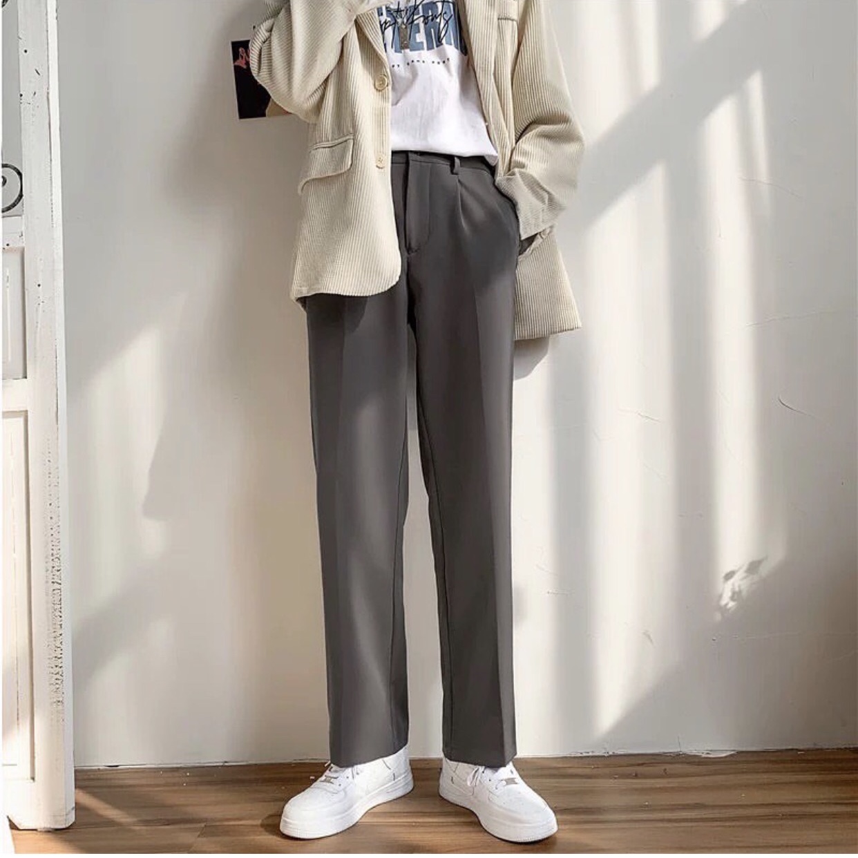 Quần âu nam tuyết mưa màu ghi quần baggy i'm basic kéo khóa phối lưng chun qax01