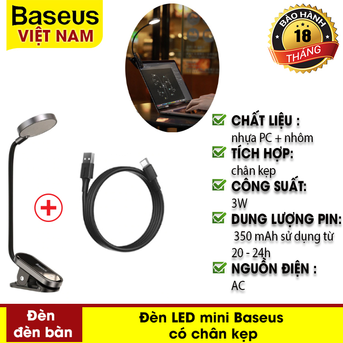 Đèn LED mini có chân kẹp vào bàn học, máy tính Baseus Comfort Reading Mini Clip Lamp (DGRAD-0G) dung lượng pin 350mAh, nhỏ gọn chỉ 62g giúp bạn dễ dàng mang theo khi di chuyển