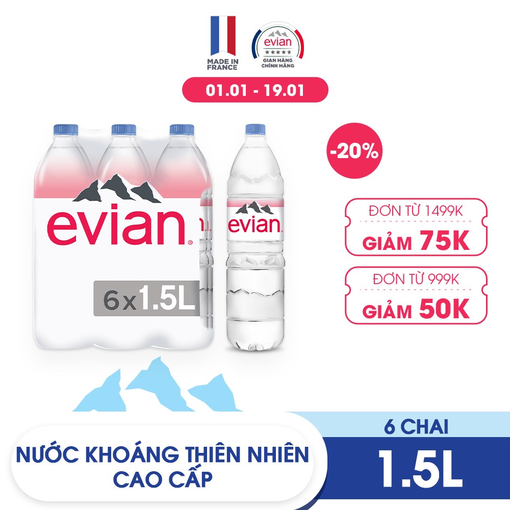 Lốc 6 chai nước khoáng thiên nhiên Evian 1.5L (1.5L x 6)