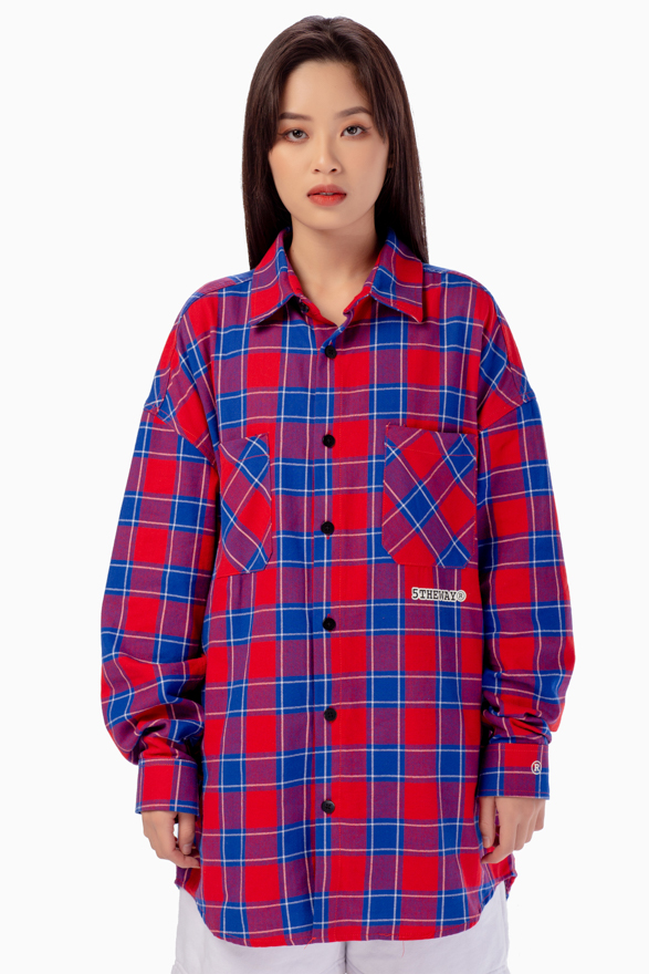 5THEWAY® Áo Sơ Mi Sọc Caro Đỏ Vàng Tay Dài aka /stroke/ BIG LOGO FLANNEL SHIRT™ in RE/WH™