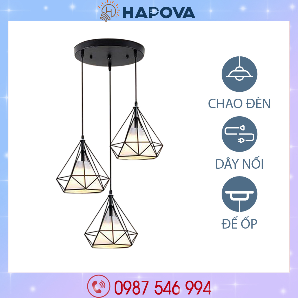 Bộ 03 Đèn thả trần, đèn thả kim cương trang trí phòng khách HAPOVA DT 6527/3 cỡ 250mm
