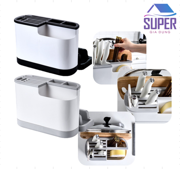 Khay kệ để dao thớt hộp ống đựng đũa muỗng kết hợp giá để úp thớt nắp vung đa năng tiện lợi