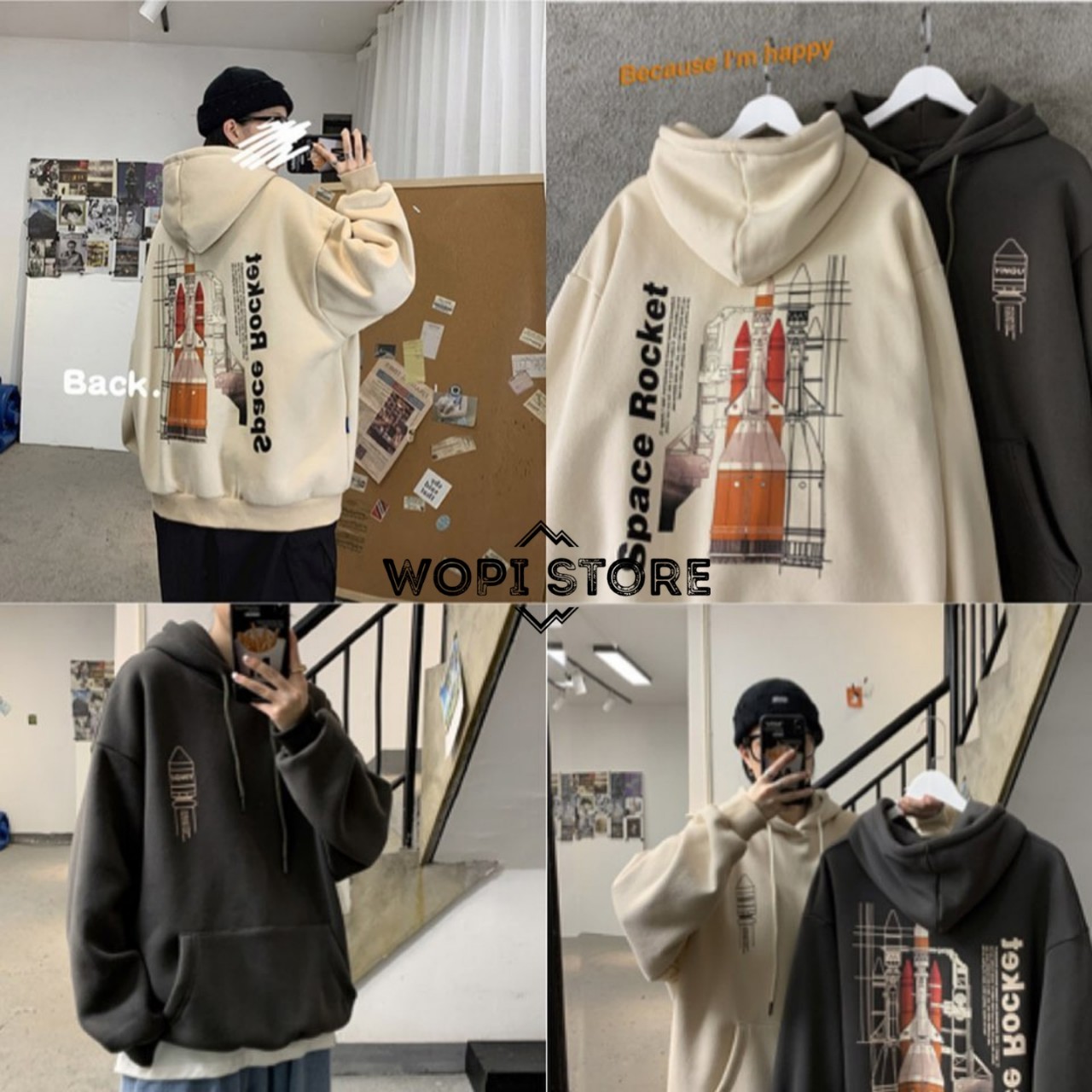 Áo hoodie tay dài yingu tên lửa vải nỉ bông form rộng ulzzang unisex