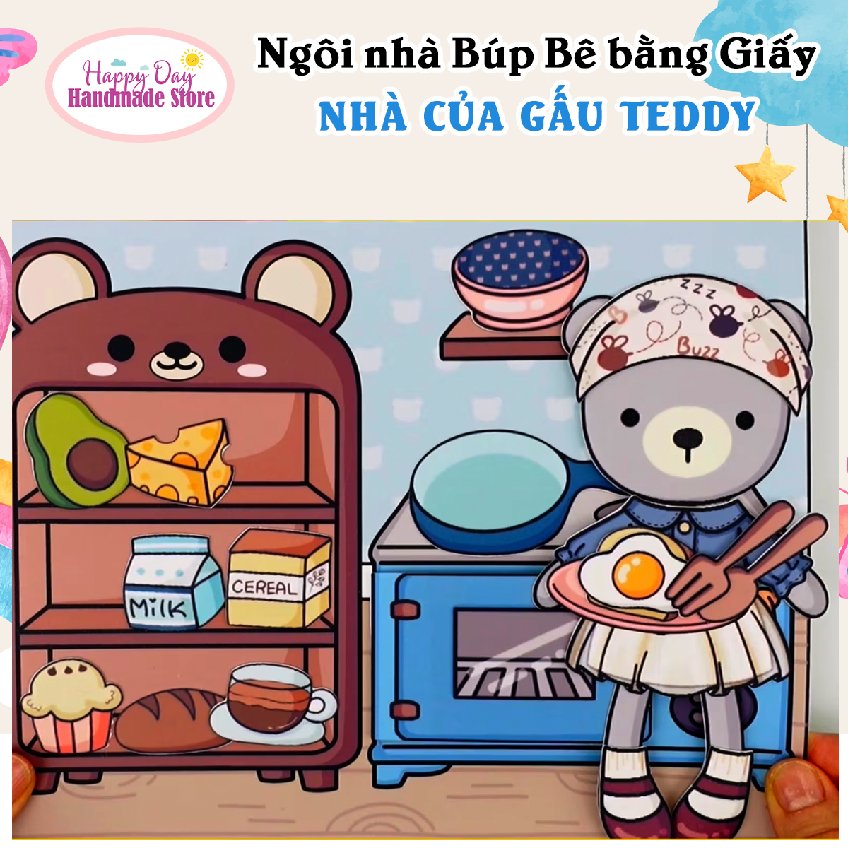 Đồ chơi rèn luyện kỹ năng cho bé - Ngôi Nhà Búp bê giấy của gấu Teddy - Set Đồ Chơi Giấy Tự Làm
