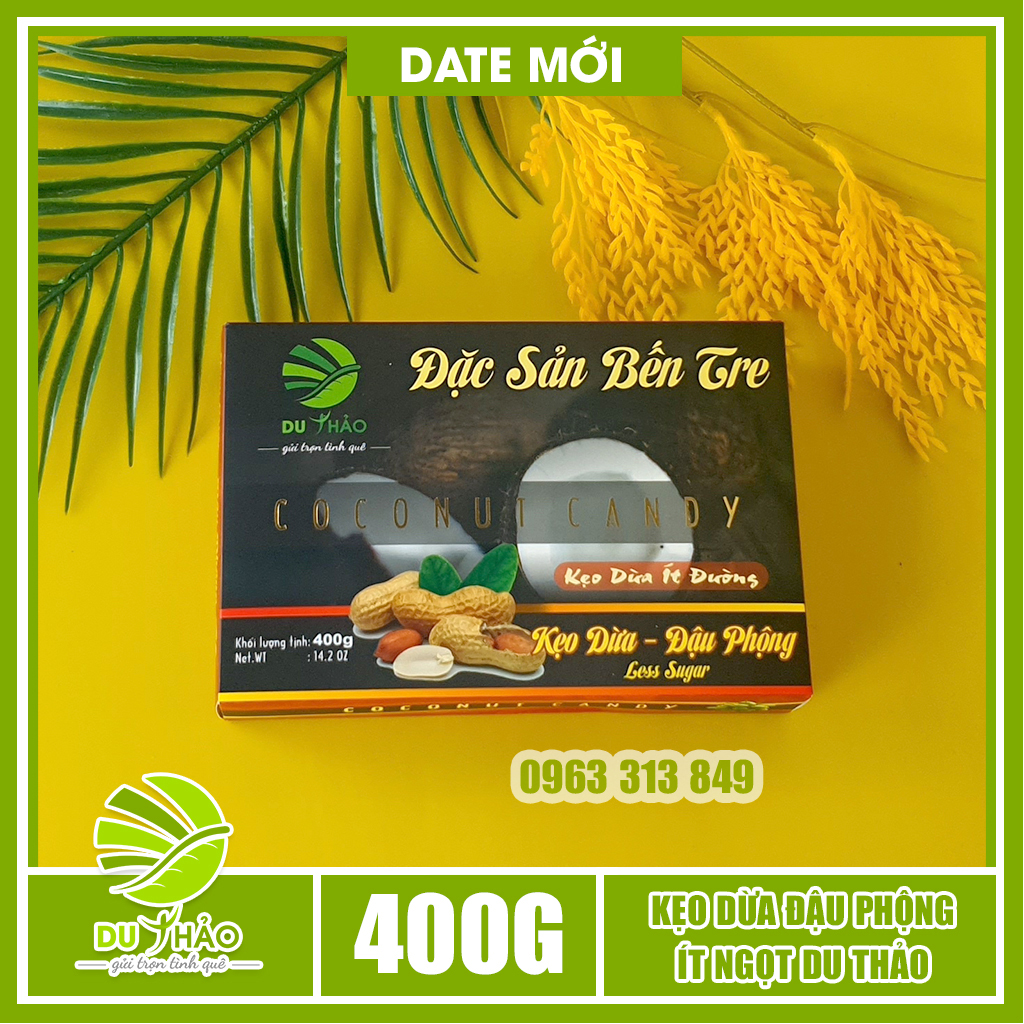 Kẹo dừa đậu phộng Bến Tre ít ngọt Du Thảo 400gr, đặc sản Bến Tre