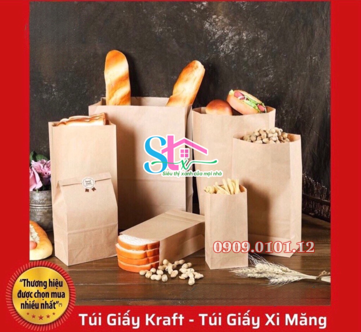Combo 100 Túi giấy kraft đựng bánh mì, Túi giấy xi măng đựng bánh mì, 50 Túi bánh mì kraft bảo vệ môi trường