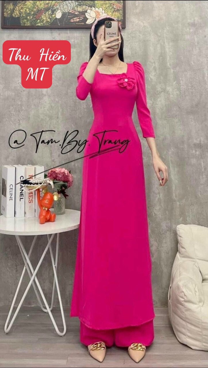 Áo dài trơn cổ vuông tay phồng lụa mỹ cao cấp