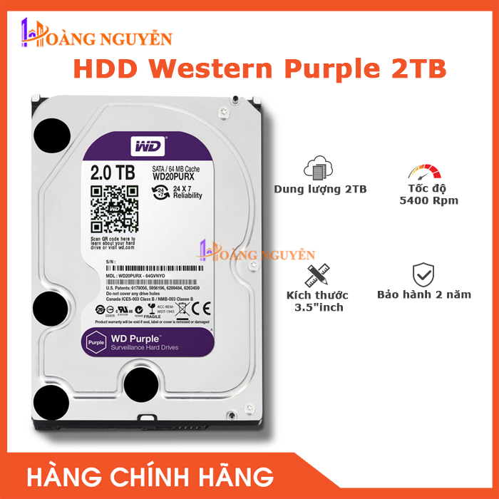 [HCM][NHÀ PHÂN PHỐI] Ổ Cứng Chuyên Dụng Cho Camera HDD Western Purple 2TB WD20PURZ (Tím) - Công Nghệ Hoàng Nguyễn