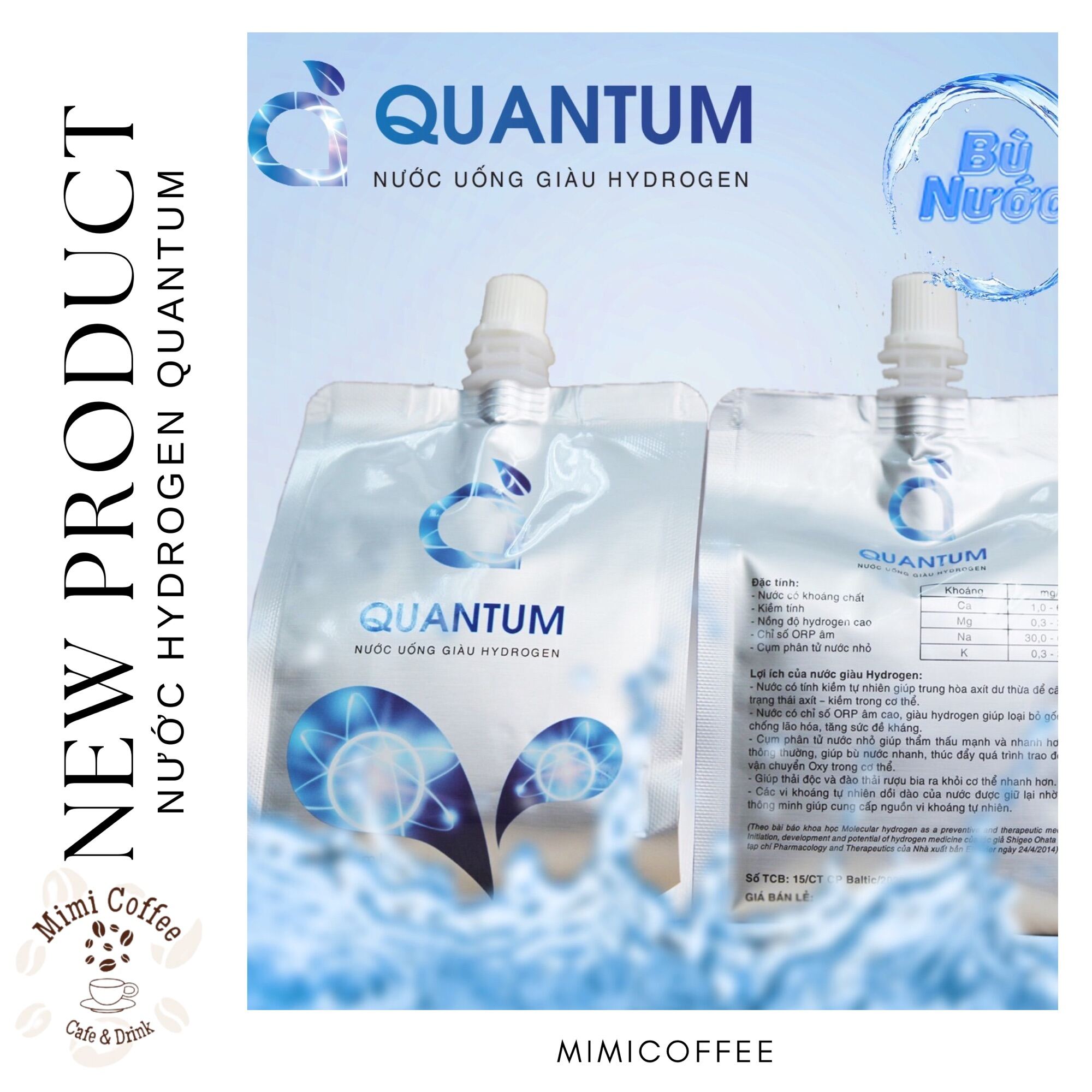 Thùng 10 túi nước uống ion kiềm quantum giàu hydrogen - bổ sung khoáng chất bù nước chống lão hóa đẹp da