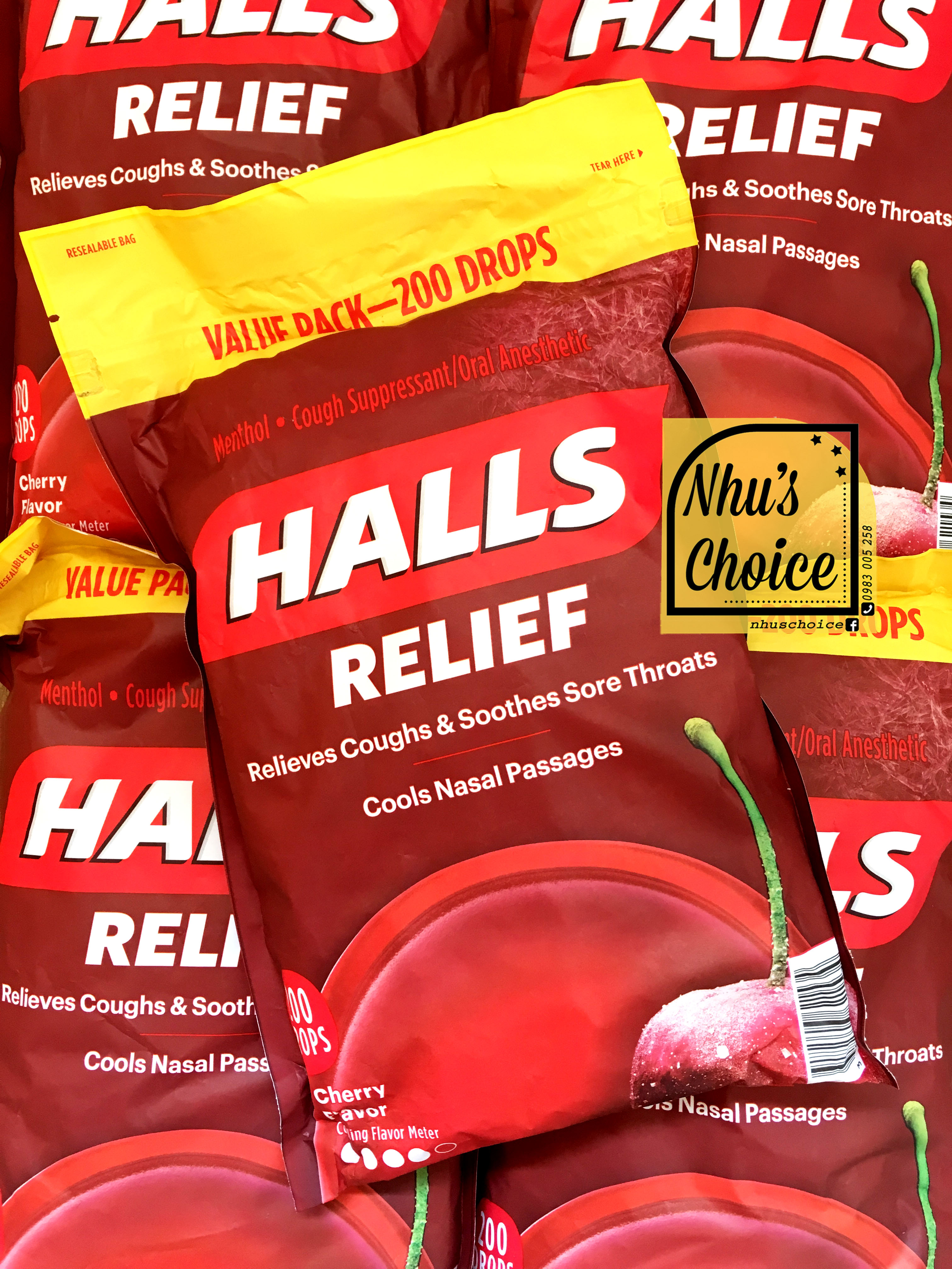 [Nhu's Choice] 1 Túi (Date Xa) Kẹo ngậm Halls Cough Drops Mỹ, vị Anh đào Cherry 200 viên