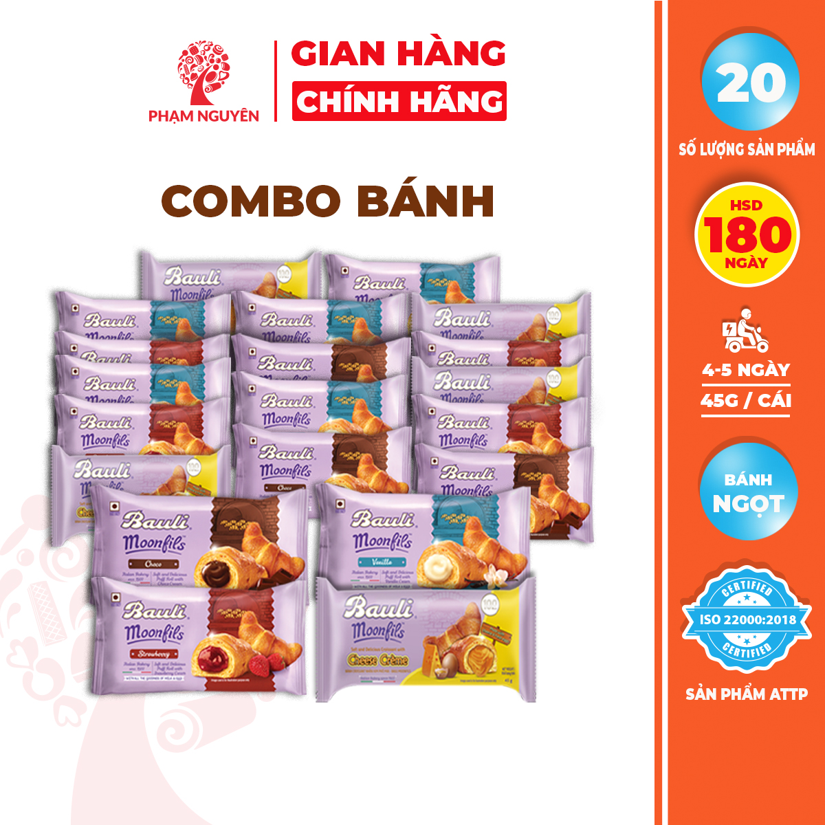 Combo 20 Bánh Sừng Bò Bauli Moonfils 45g | Bánh ăn sáng tiện lợi giàu dinh dưỡng | Bánh sừng trâu | Đồ ăn vặt