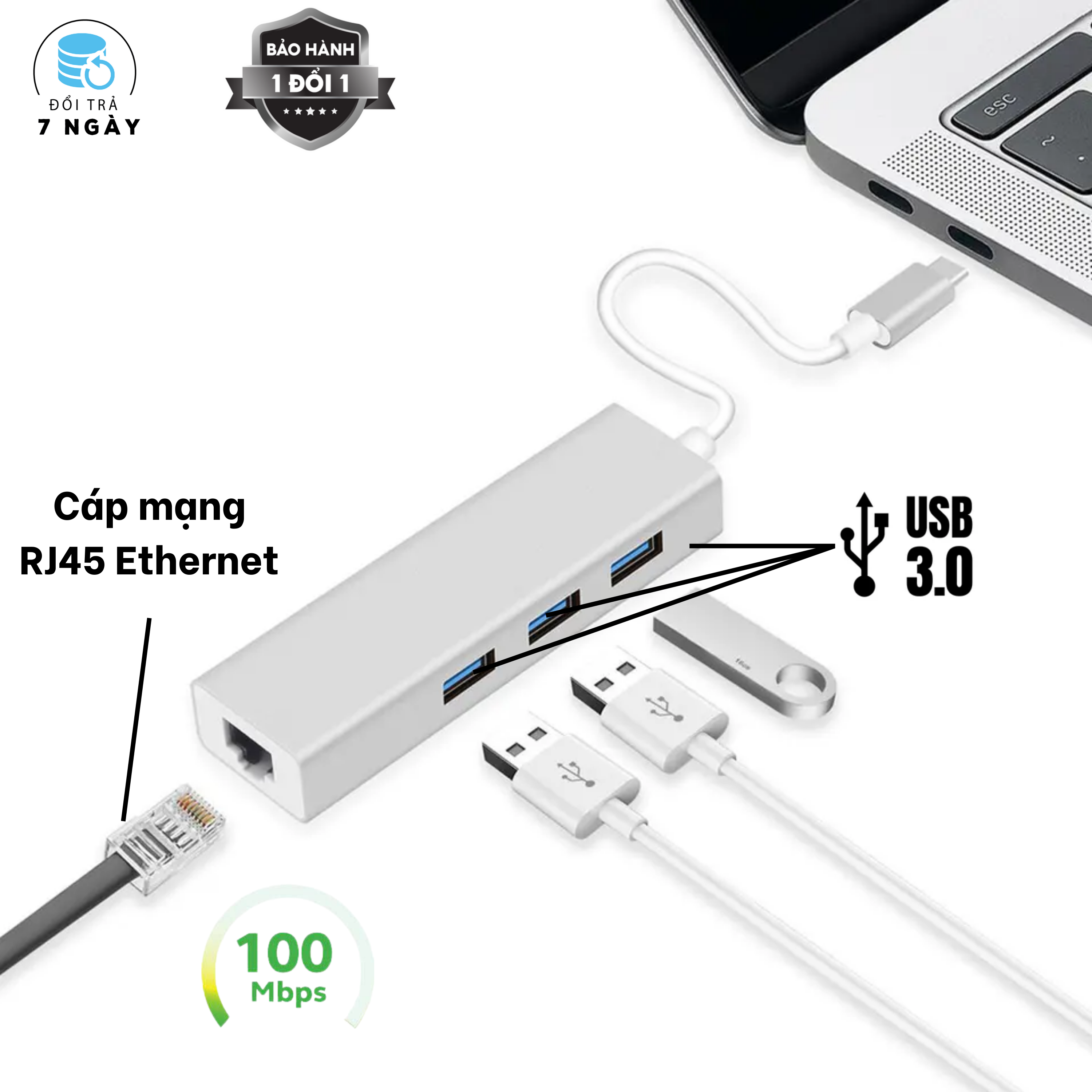 Bộ Chuyển Đổi Lan Ethernet USB Type-C Sang RJ45 Hub 3 Cổng USB 3.0 Cho Mac PC Laptop