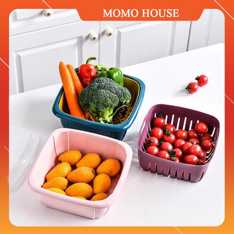 Bộ Chậu Đựng Rau Củ Quả Kiêm Rổ Rửa Thực Phẩm Có Khe Thoát Nước Kèm Nắp Đậy