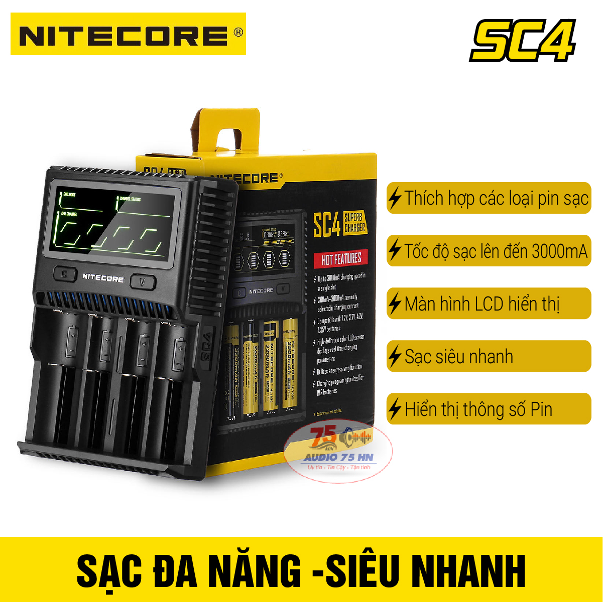 {Hàng chính hãng}  Bộ Sạc pin thông minh siêu nhanh 6A Nitecore SC4, hiển thị thông số pin