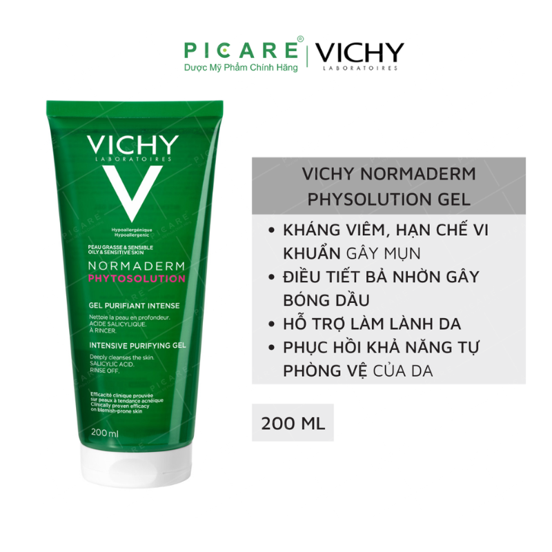 [GIẢM 20K ĐƠN 399K] Vichy Gel Rửa Mặt Cho Da Dầu, Mụn Normaderm Phytosolution 200ml