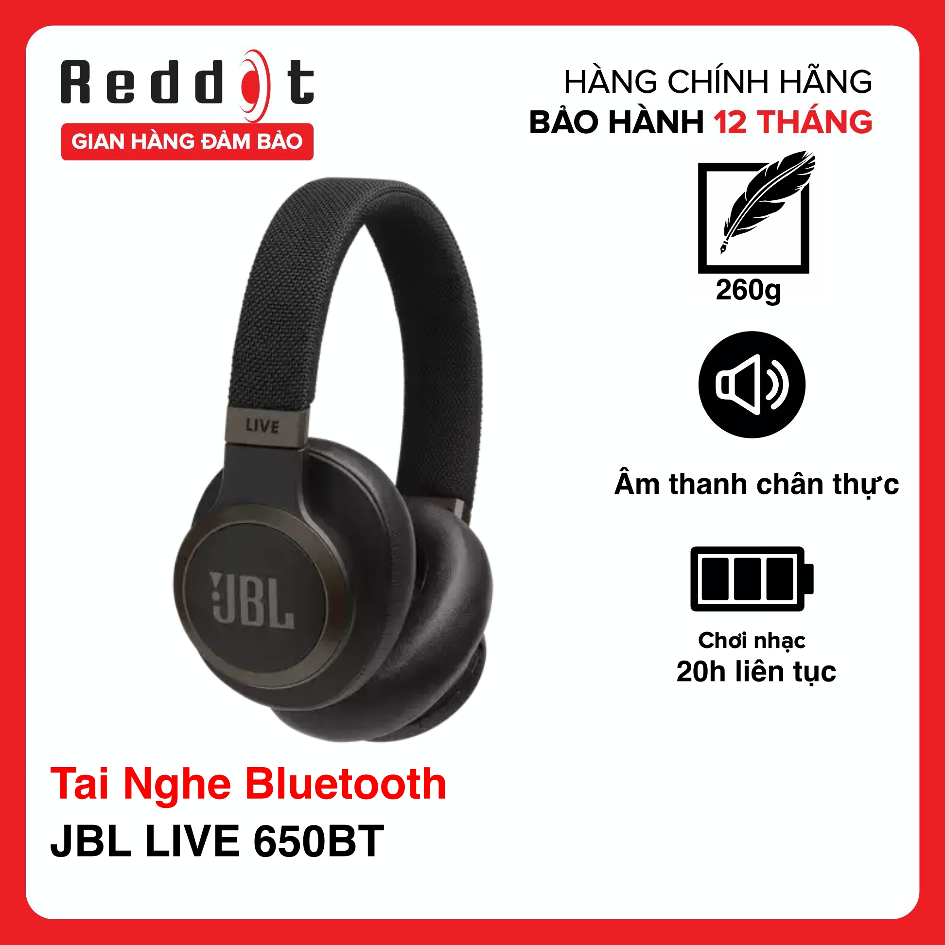 Tai nghe bluetooth chụp tai over-ear chống ồn jbl live 650bt - hàng chính hãng - reddot mall