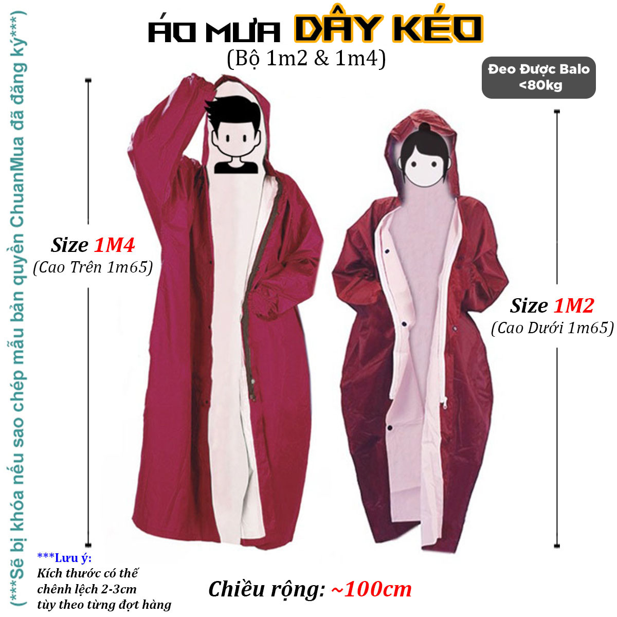 Áo Mưa Khóa Kéo 1 Người Lớn Kín Người Bín Hông, Áo Mưa Măng Tô Nam Nữ Vải Tổ Ong Cao Cấp ( Tay Bo Chún, Dây Rút Cổ Áo, Đeo Được Balo, Big Size 120kg,...)