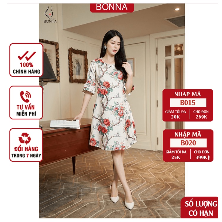 Váy bầu thu đông BONNA thiết kế cách tân chất liệu gấm vân cao cấp cho mẹ bầu đi chơi, dự tiệc, diện Tết xinh xắn CT110