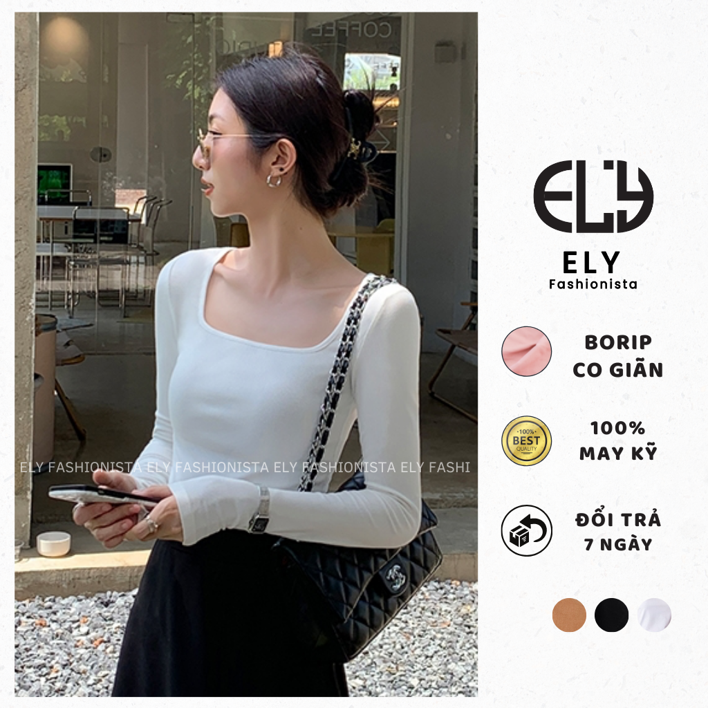 Áo croptop tay dài cổ vuông thun ôm body crotop nữ vải cotton borip co giãn tốt ELY204