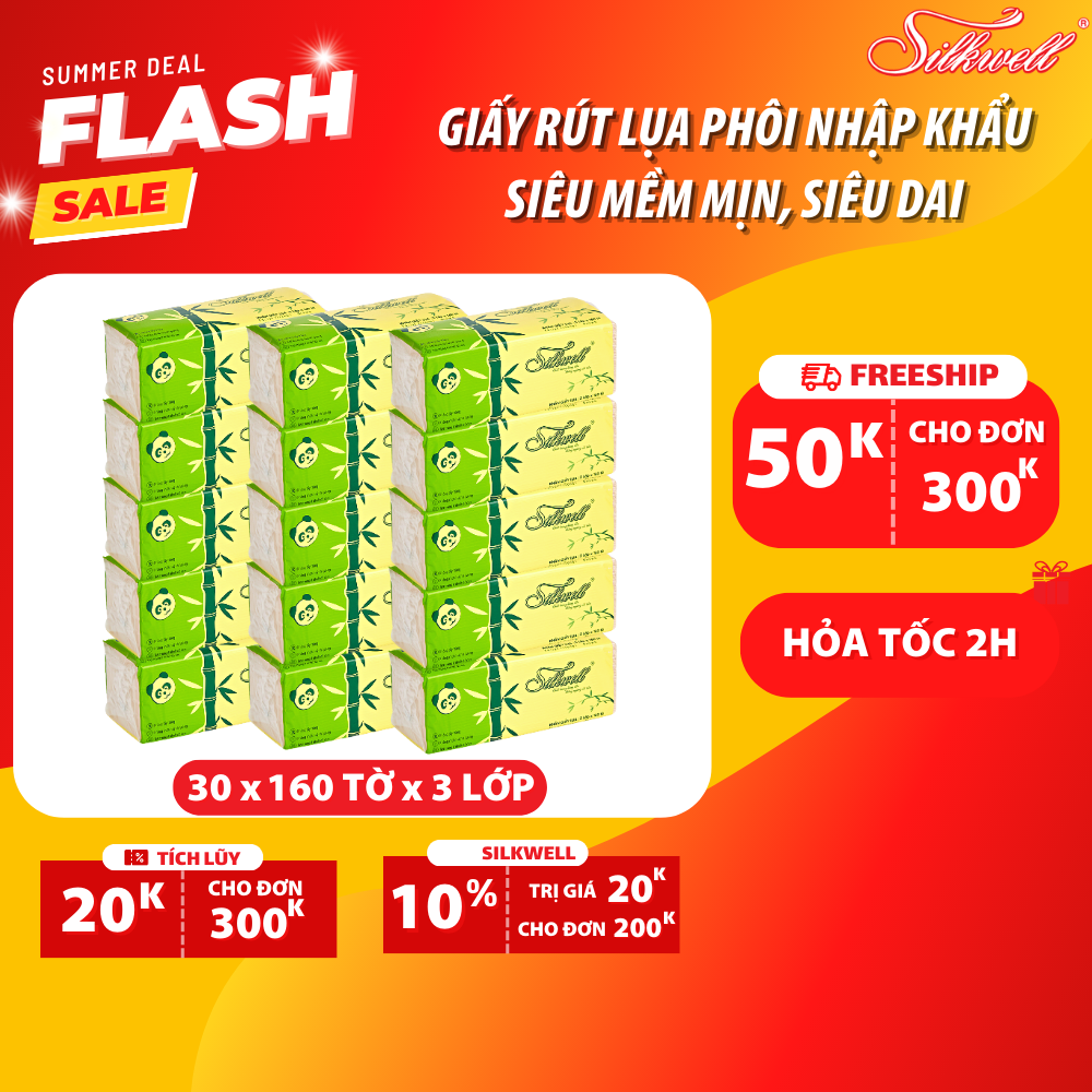 Combo Sốc 30 Giấy ăn gấu trúc Silkwell 160 tờ 3 lớp, khăn giấy gấu trúc siêu dai không tẩy trắng hàng chính hãng