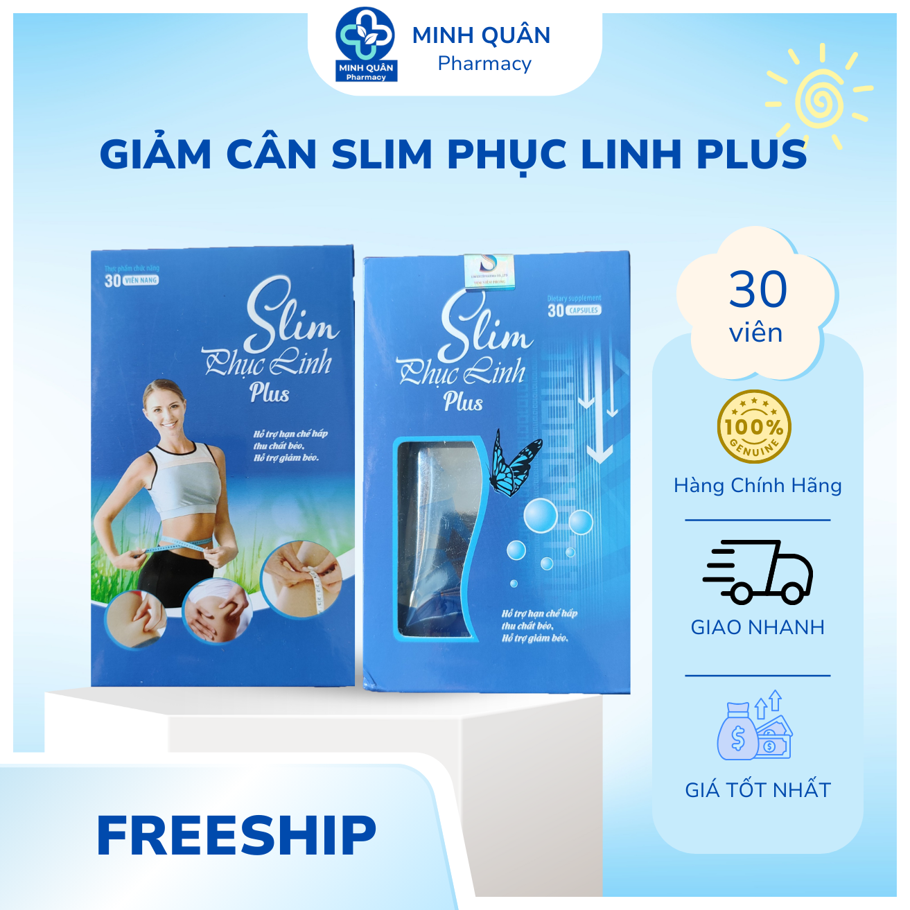 Slim Phục Linh Plus Hộp 30 viên uống giảm béo không mệt mỏi trẻ đẹp da giảm cân an toàn hiệu quả