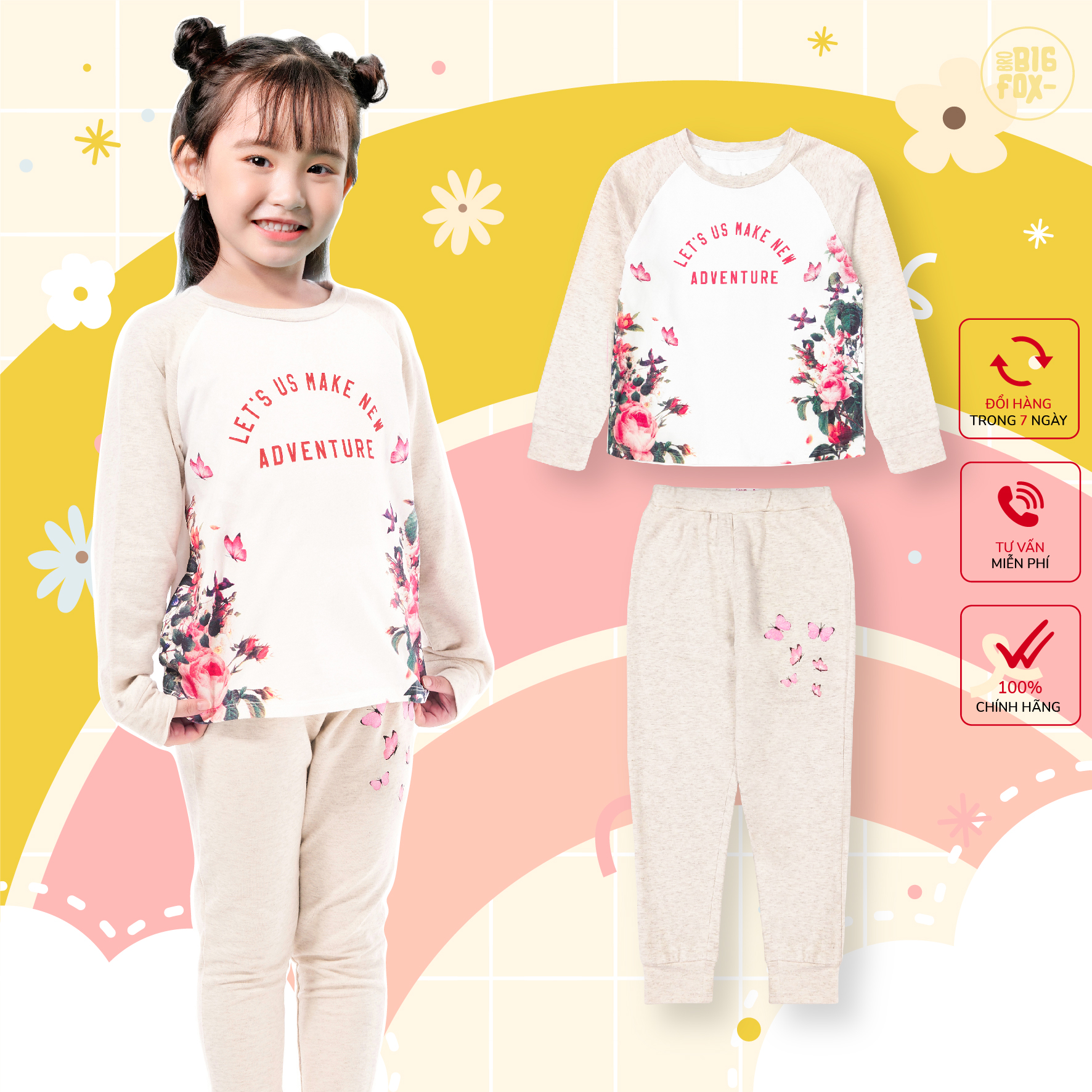 Đồ Bộ Bé Gái BigFox Missmeow Size Đại, Set Bộ Quần Áo Dài Tay Cho Bé In Hoa Hồng 2-11