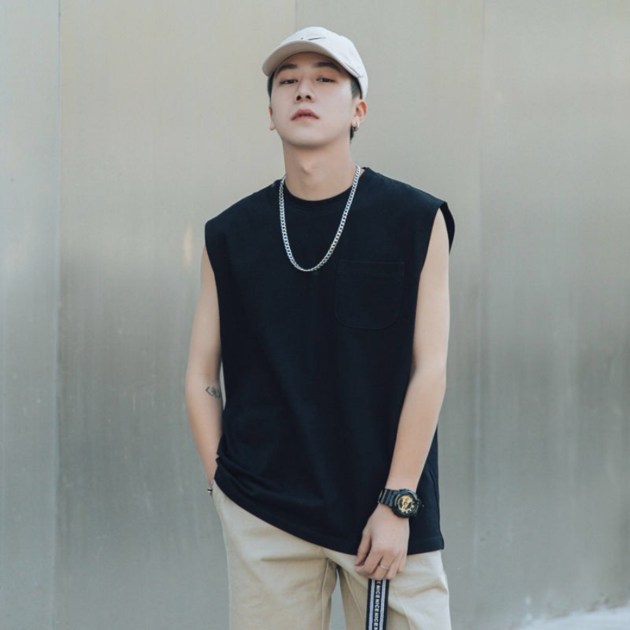 Áo tank top đen có túi cao cấp - sat