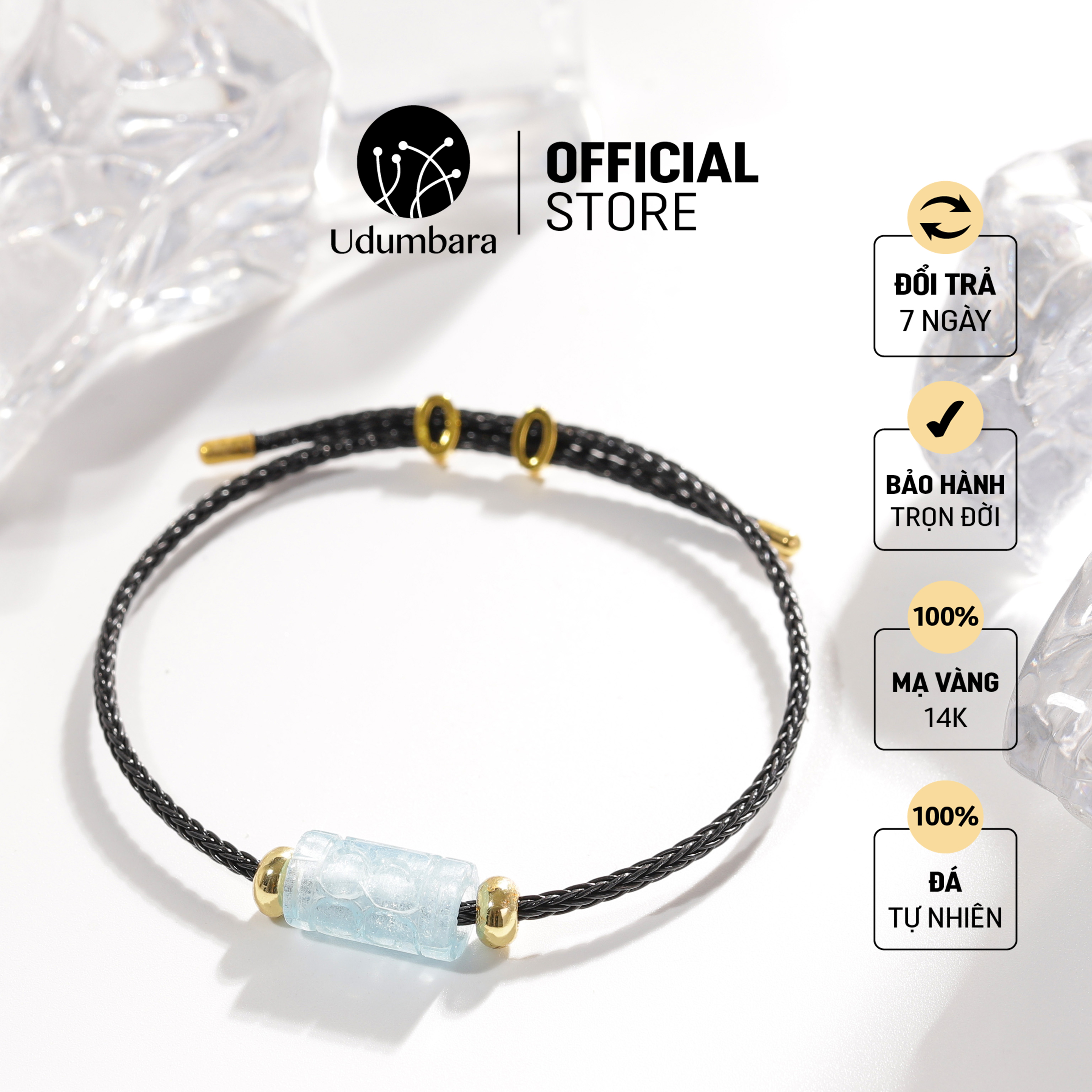 Vòng tay cuff đen aquamarine lu thống tài lộc phong thủy Udum