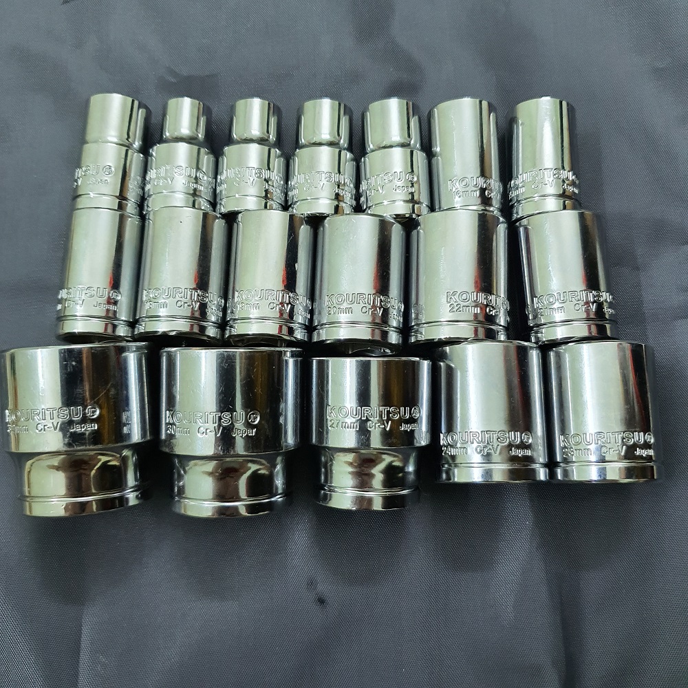 Bộ tuýp mở bulong hãng Kouritsu Nhật Bản hệ 1/2 inch gồm 18 cỡ từ 10-32mm, thân tuýp dài 8cm - Bộ khẩu vặn ốc 1/2 inch, Bo tuyp, Bộ khẩu, Bộ khẩu mở siết ốc, Bộ khẩu vặn ốc, Bộ tuýp Kouritsu, Bộ khẩu tuýp, bộ tuýp sửa xe máy