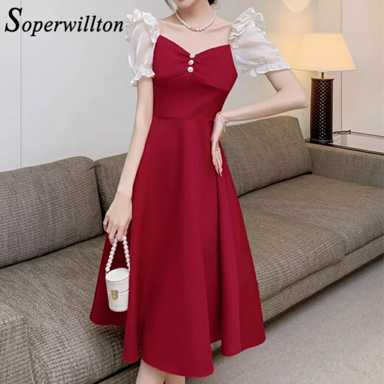 Đầm tay nhúm bèo phối voan