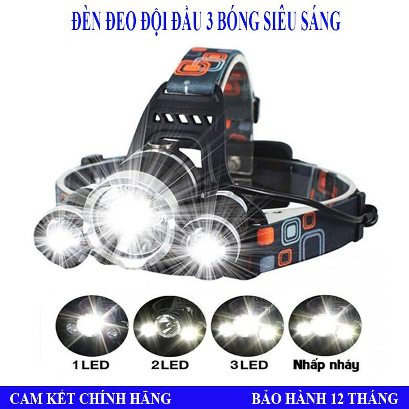 Đèn pin đội đầu siêu sáng - Đèn Pin Led Siêu Sáng Đội Đầu 3 Bóng Nhiều Chế độ ,tặng kèm pin và sạc