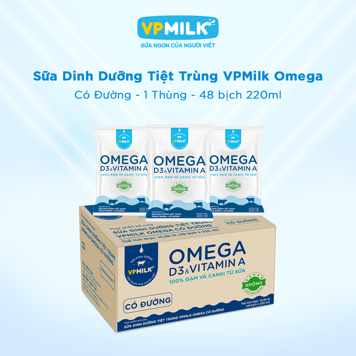 [HỎA TỐC TẠI TPHCM] Sữa Dinh Dưỡng Tiệt Trùng VPMilk Omega Có Đường (thùng 48 bịch 220ml)