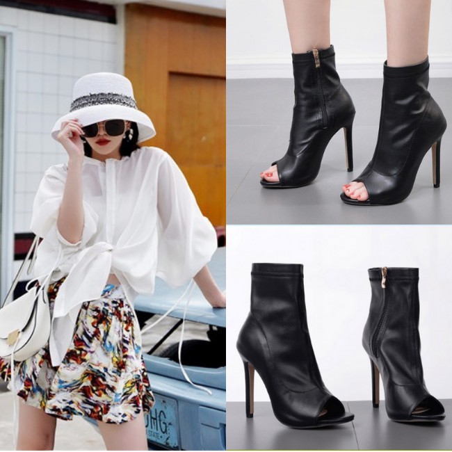 [HCM]Giày Boot Nữ Cao Gót Hở Mũi Cổ Ngắn Gbhn-01Bd