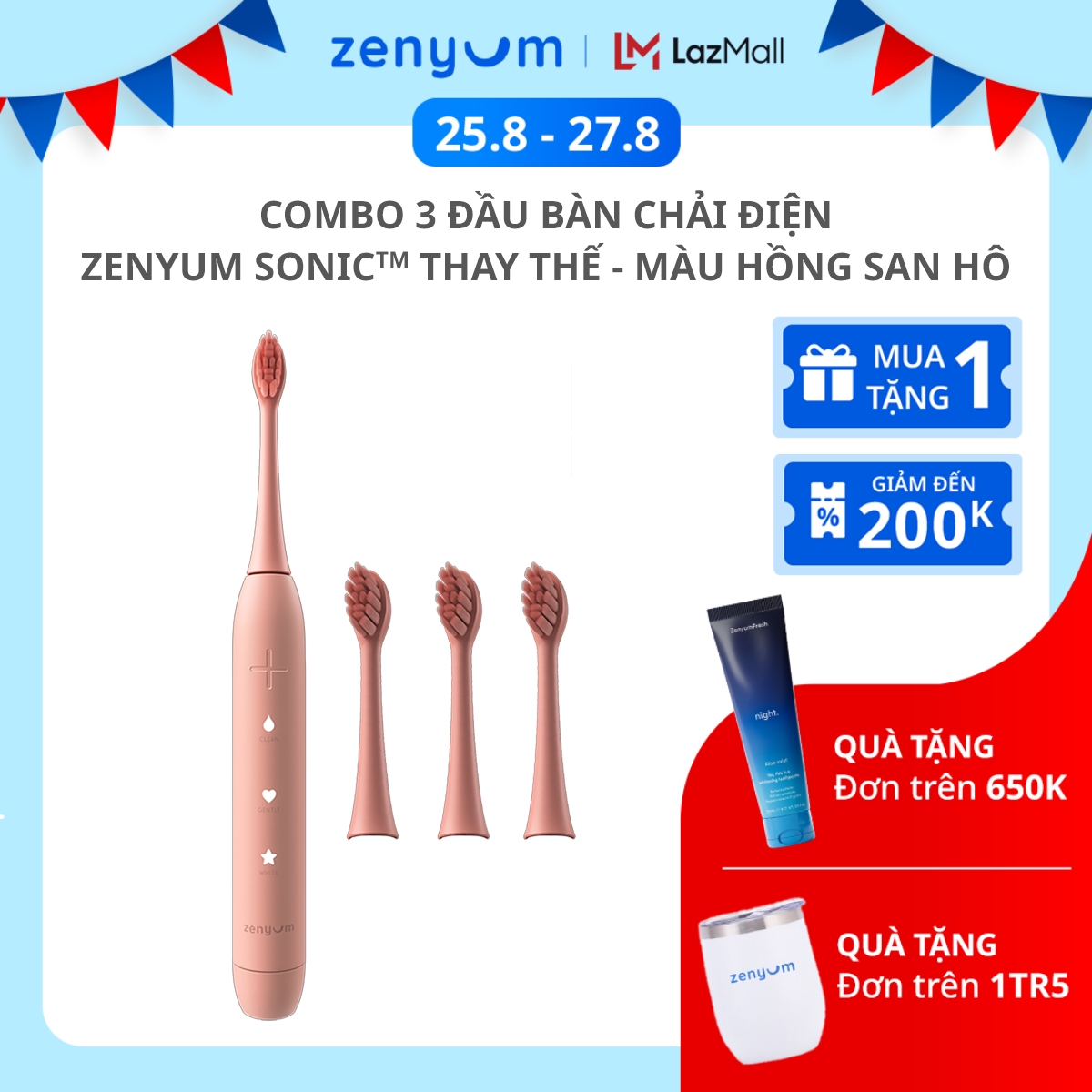 Bộ Bàn Chải Điện Zenyum Sonic + 3 Đầu Thay Thế - Màu Hồng San Hô