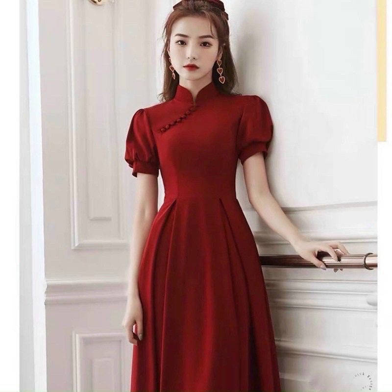 Đầm xoè cổ tàu tay phồng nút bọc phong cách tiểu thư cổ điển