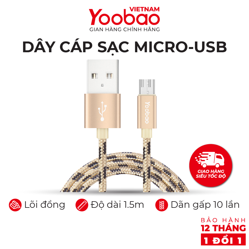 Dây cáp sạc Micro USB YOOBAO YB-423 Vỏ bện nylon dài 1.5m - Hàng phân phối chính hãng - Bảo hành 12 tháng 1 đổi 1