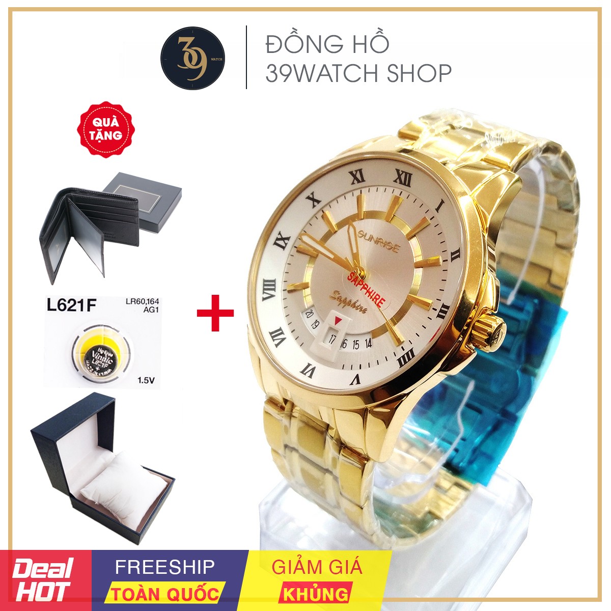 [FREESHIP+QUÀ KHỦNG] Đồng hồ Sunrise nam SR26 NAMT, dây vàng mặt trắng, thiết kế sang trọng, bảo hành 12 tháng