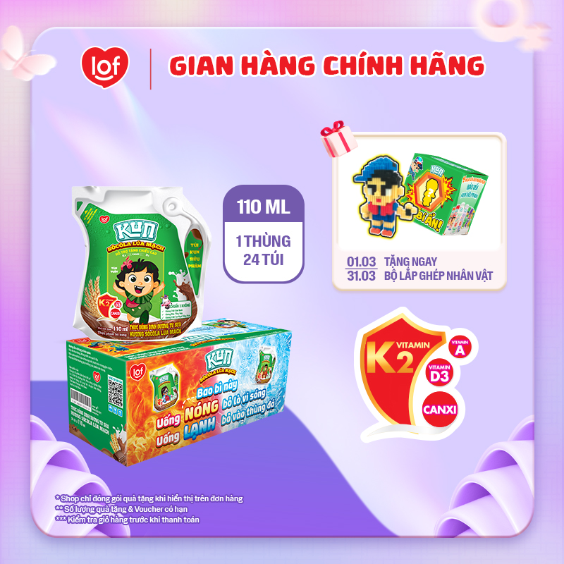 Sữa lúa mạch socola KUN thùng 24 túi x 110ml